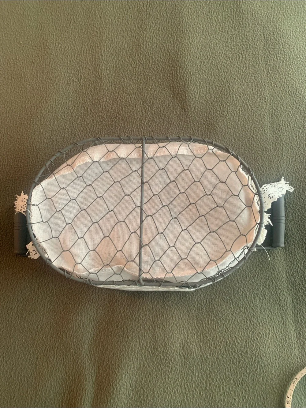 Cute gray & cream wire basket w/ wooden handles & lace details. 12” x 8” x 4.75”